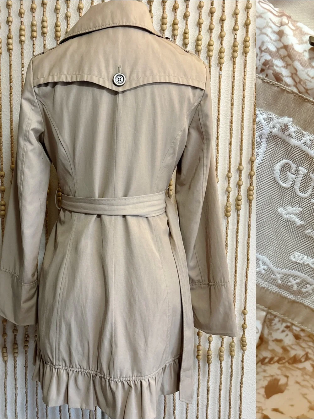 Y2K Vintage Guess Khaki Button Down Ruffle Hem Long Sleeve Belted Trench Jacket